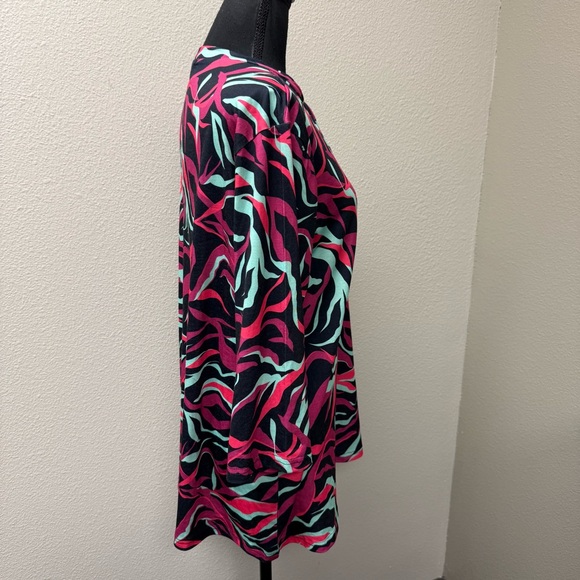 Southern Stitch Black Pink Print Keyhole Top Large Stretch Blouse - Picture 6 of 10